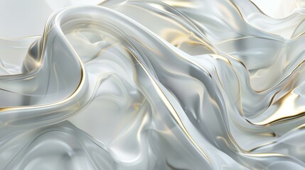 The image showcases flowing white fabric with gold accents, forming elegant, fluid waves and soft curves. The minimalist design highlights smooth textures and dynamic folds.