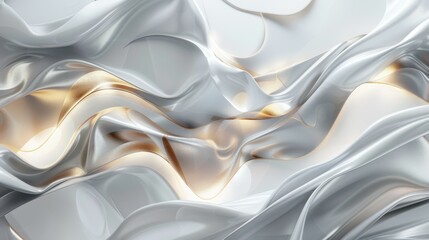 An abstract composition of smooth, flowing white and gray fabric-like waves with golden accents. The textures create a dynamic, elegant, and ethereal visual effect with intricate light play.