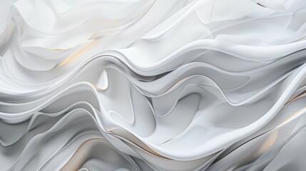 The image displays abstract, flowing white fabric with subtle gold accents. The fabric forms elegant, wavy, and fluid layers, creating a serene and minimalist texture with soft curves and depth.