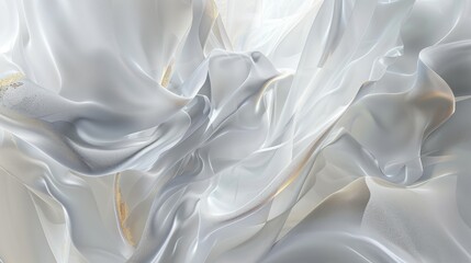 Obraz premium The image features an abstract composition of smooth, flowing white and gray fabric-like waves with soft golden accents, creating a dynamic, elegant, and ethereal visual effect with intricate textures