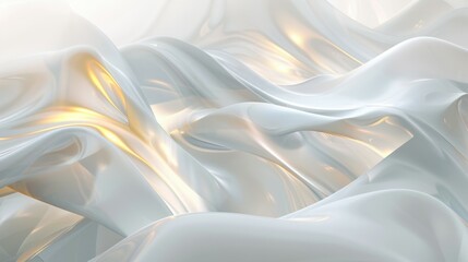 The image showcases an abstract, serene composition of smooth, flowing white fabric-like waves illuminated by soft golden light, creating an elegant and ethereal visual effect.
