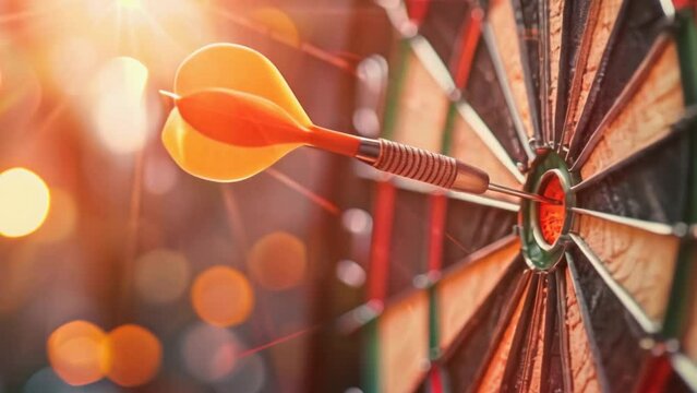 Vivid dart in bullseye, symbol achievement and success. Close-up of dartboard. Goal setting and precision. Motivation and competition. Achieve aim concept. Fun bar game.