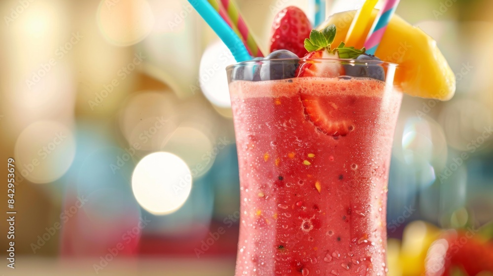 Poster close-up of a refreshing fruit smoothie in a tall glass with colorful straws and fresh fruit garnish
