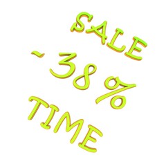 Light green minus thirty eight percent with the text Sale Time. Isolate on a white background. Sale, discounts, marketing. Footage rendering.