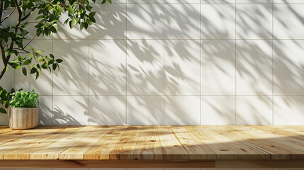  empty space on beautiful oak wood wooden kitchen counter top with morning sunlight and shade.  Kitchen.