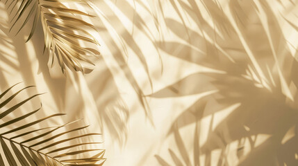 Obraz premium Overlay of natural shadow of tropical leaves on beige wallpaper inside a room, sunlight. Background.