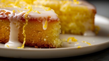 Close-up of a slice of moist lemon drizzle cake with tangy glaze and lemon zest garnish
