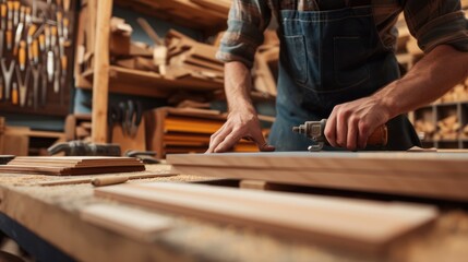 An experienced artisan carefully shapes wooden elements, demonstrating the art of fine woodworking in his cluttered workshop. AIG41