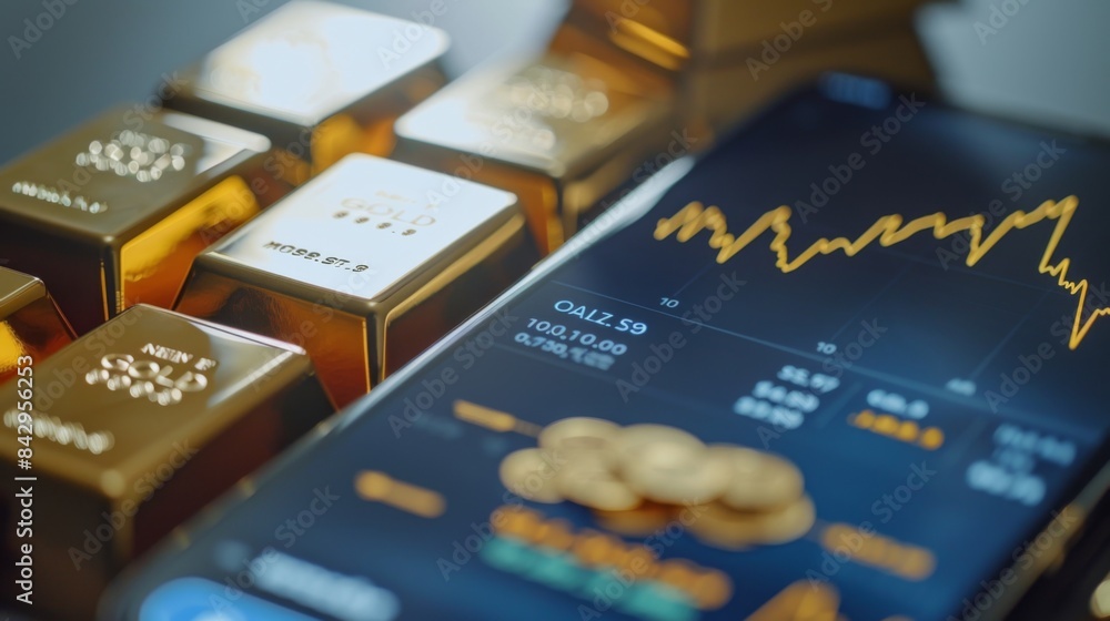 Leinwandbilder close-up of a smartphone screen displaying real-time updates of gold price movements on a graph