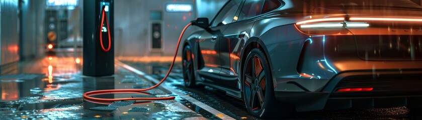 Fototapeta premium Electric car charging in a modern urban garage at night, reflecting on the wet floor. Futuristic transportation and sustainable energy.