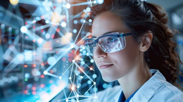 Female scientist analyzing a futuristic digital interface. Concept of modern technology, innovation, and scientific research.