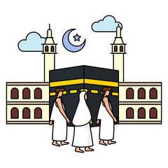 Muslim Family performing Tawaf  Concept, Hajj Privilege Muslim People wearing ihram vector icon design Eid al-Azha or Eid ul Kabir Symbol, Hajj Sign, Muslims religious Festival Stock illustration