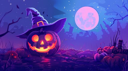 Halloween pumpkin wearing witch hat glowing under full moon in spooky landscape