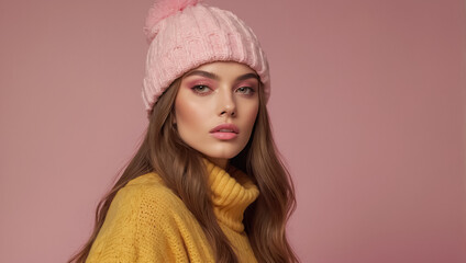 Beautiful girl in a hat and sweater studio
