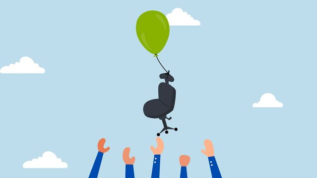 Candidate grabbing vacancy chair, 4k animation of  candidates try to catch an office chair flying in the air with a balloon.