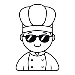 happy smiling stylish cute chef cartoon character outline drawing wearing sunglasses and full cooking attire vector design