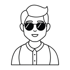 stylish young handsome man wearing sunglasses outline cartoon style simple drawing vector
