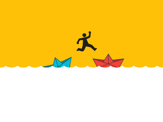 A Silhouette jump over from blue into a red paper boat. Isolated Vector Illustration