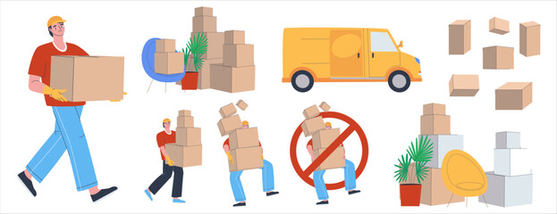 A man carries a box and many boxes. A car for transportation, boxes, a chair.  Relocation and transportation service. Goods delivery. Flat vector illustration. eps10