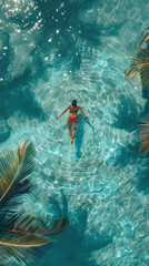 A woman swimming in a pool with palms