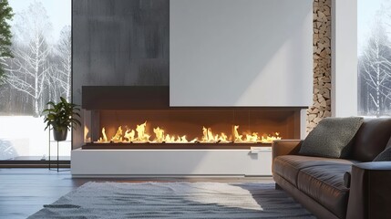 Installation of a fireplace flat design, front view of the living room, fireplace 