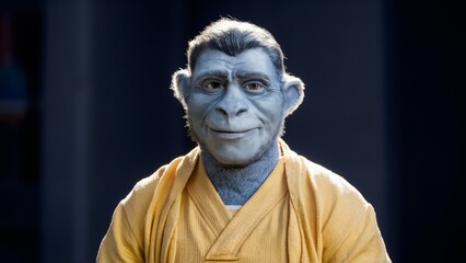 A man in a yellow robe with blue face paint, AI