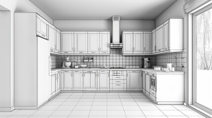 Kitchen cabinet installation flat design side view kitchen remodeling 3D render black and white