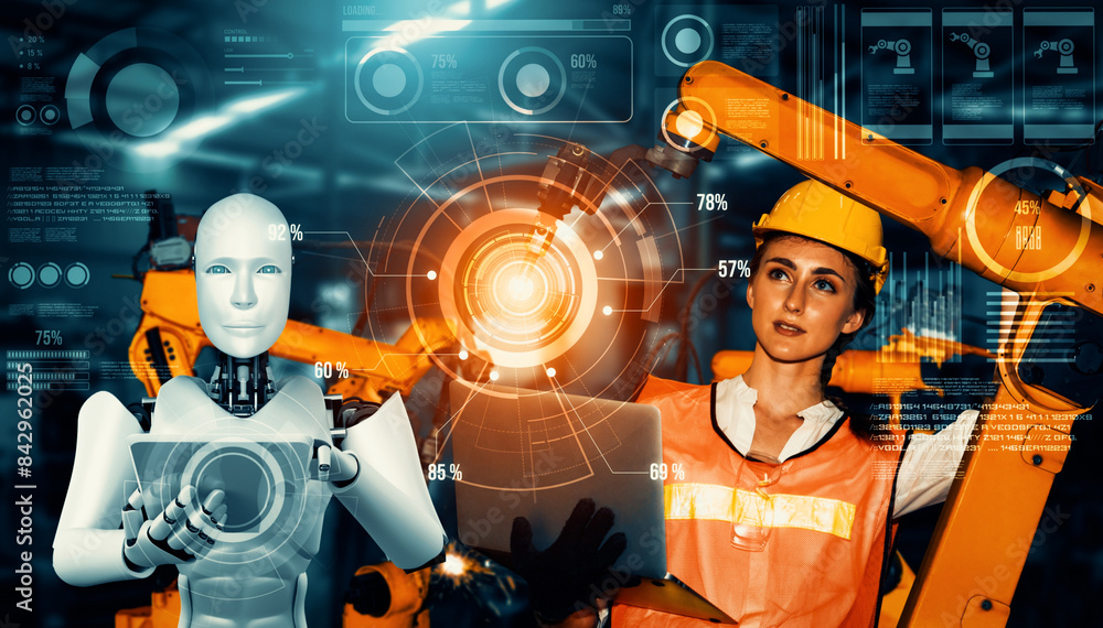 Poster mlp mechanized industry robot and human worker working together in future factory. concept of artifi
