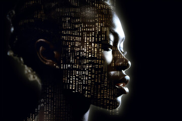 Black woman face with digital matrix numbers. Artificial intelligence. AI theme with a female human face