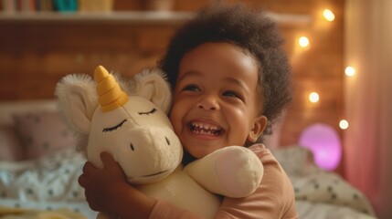 Young girl is filled with joy as she embraces her beloved unicorn plush toy