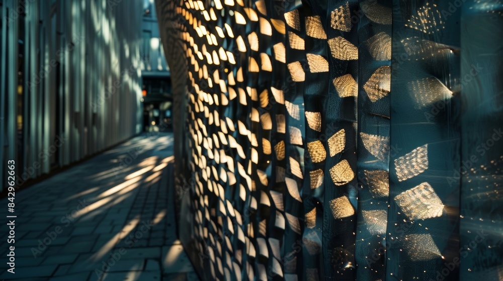 Poster the artistic use of light and shadows on the buildings facade highlighting its intricate details and