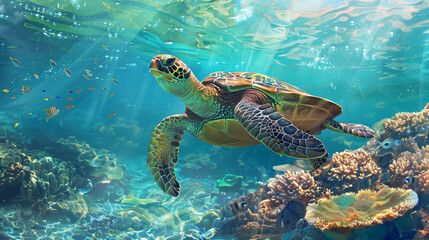 Fototapeta premium A turtle swimming in the ocean with fish swimming around it