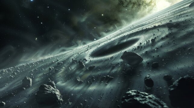 A spacethemed photograph with an asteroid belt creating gravity waves that ripple through the cosmic dust.