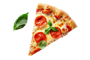 Delicious pepperoni pizza slice with fresh basil leaves isolated on transparent background. Perfect for food advertisements and menus.