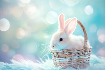 Photo of a cute white rabbit in an Easter basket, with a soft focus and pastel colours, concept of the Easter bunny. Space for copy.