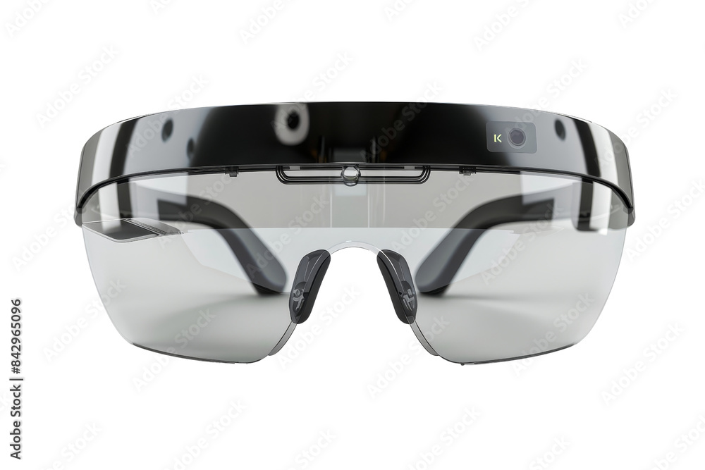 Poster futuristic augmented reality smart glasses with see-through lenses and high-tech features suitable f