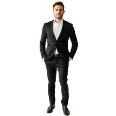 A young businessman in a stylish black suit  isolated on transparent background