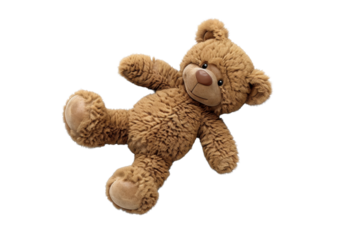 Cute and cuddly brown teddy bear lying on a transparent background. Perfect for children's toys and gift illustrations.