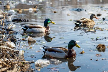 Ducks swimming in a visibly polluted pond, highlighting the unsuspecting victims of water pollution