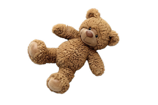 Cute and cuddly brown teddy bear lying on a transparent background. Perfect for children's toys and gift illustrations.