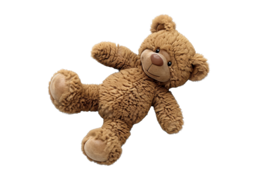 Cute and cuddly brown teddy bear lying on a transparent background. Perfect for children's toys and gift illustrations.