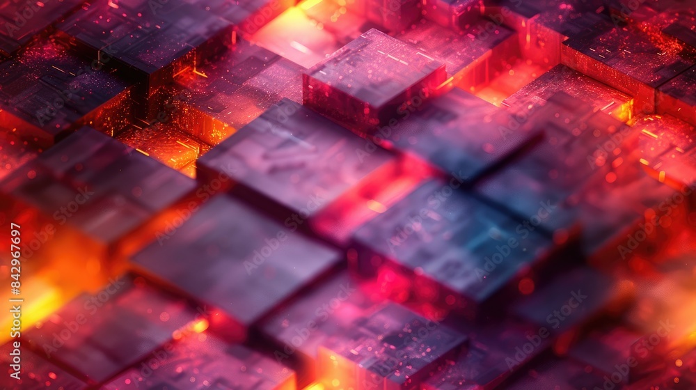 Poster a glowing 3d rendering of red and blue cubes. aig51a.