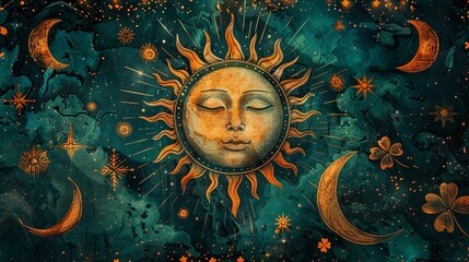 Tarot cards with sun and moon designs, burning candle in holder, watercolor style, clover leaf, mystical theme, detailed illustration 8K , high-resolution, ultra HD,up32K HD