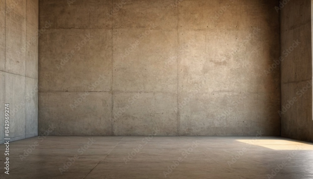 Poster an empty room with concrete walls and floors, sunlight streams in through a window, casting a warm g