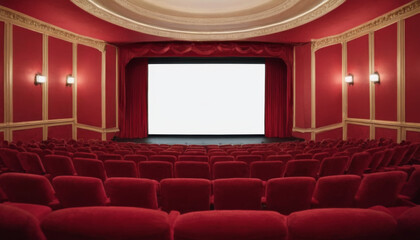 Fototapeta premium A wide shot of an empty movie theater auditorium. The red velvet seats are arranged in rows, facing a large, blank screen