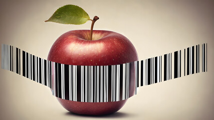 Ripe apple with barcode. apple,  barcode. Shopping bar code with apple.  AI generated image, ai