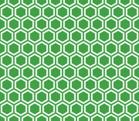 Abstract background with geometric mosaic shapes. Green color on matching background. Plain hexagon net with inner solid cells. Seamless pattern. Tileable vector illustration.