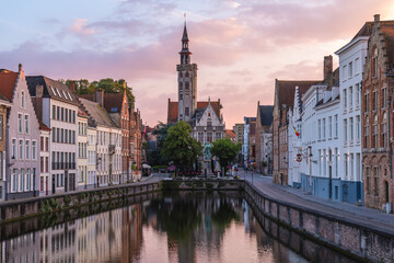 Scenery of Spiegelrei, a watercourse and street in the center of Bruges, Belgium.