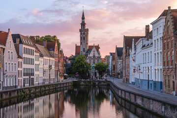 Fototapeta premium Scenery of Spiegelrei, a watercourse and street in the center of Bruges, Belgium.