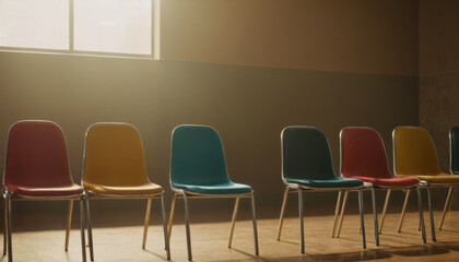 A row of colorful chairs sit in a room with a large window, illuminated by natural light